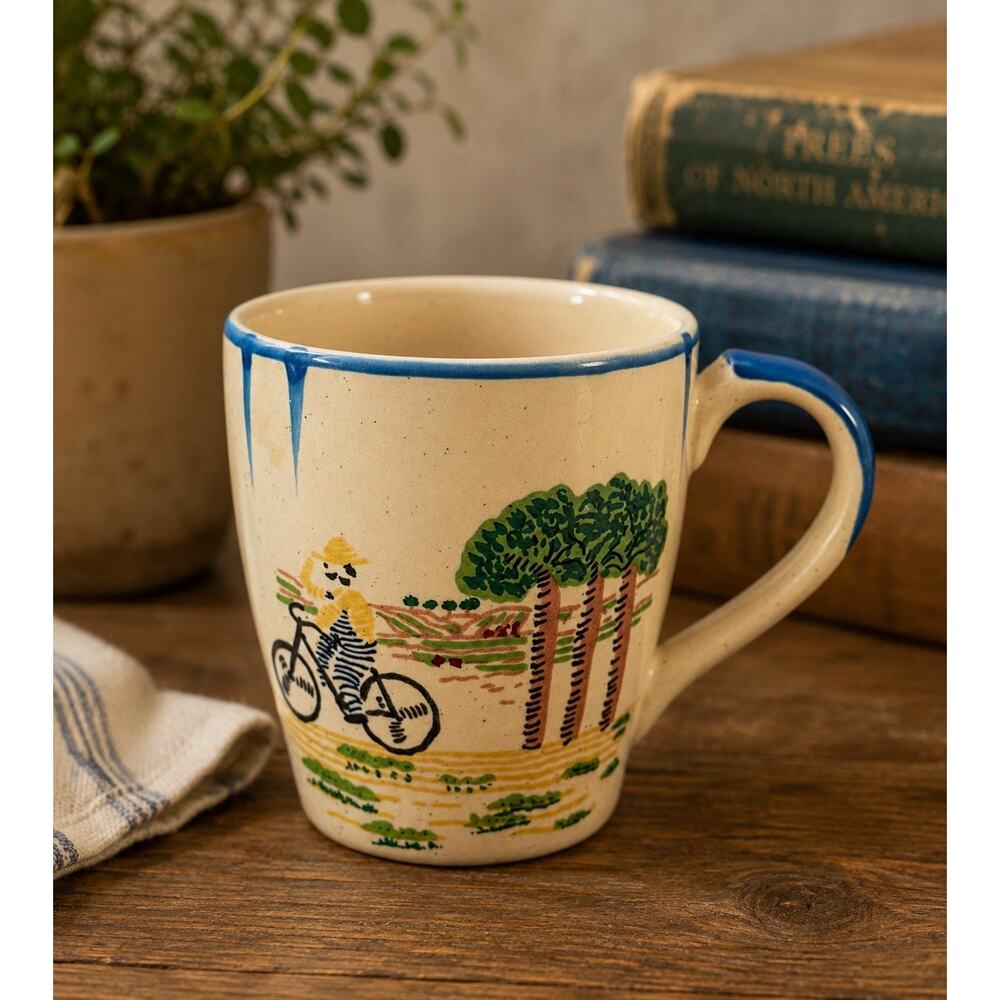 Vintage Kyuei Japan Stoneware Mug Girl on Bicycle Folk Art Coffee Cup 3.75” - Picture 2 of 9